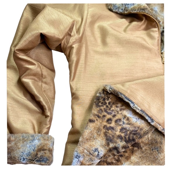 Boutique - Reversible Shantung Taffeta Brilliant Gold Ultra-Soft Faux Fur Coat M - Picture 13 of 16